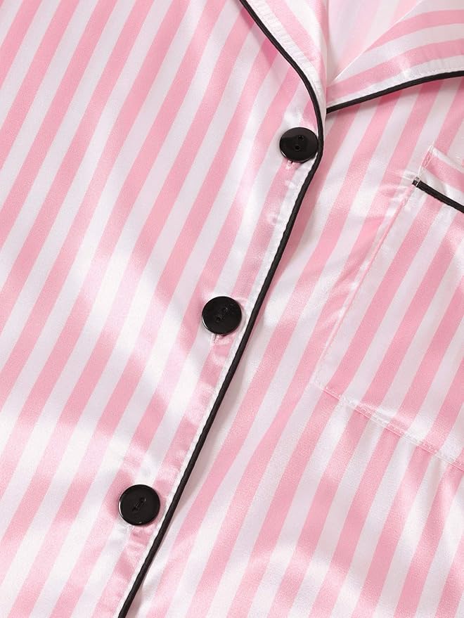 Custom Logo Girls &amp; Women's Striped Silky Satin Pajamas Short Sleeve Top with Shorts Sleepwear PJ Set Drawstring Short