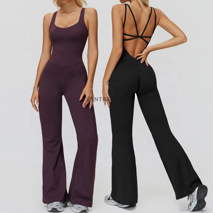 Women Cross Back Stretchy Yoga Fitness Gym Flared Jumpsuit Sleeveless One Piece Workout Romper Slim Fit Bodycon Sports Bodysuit
