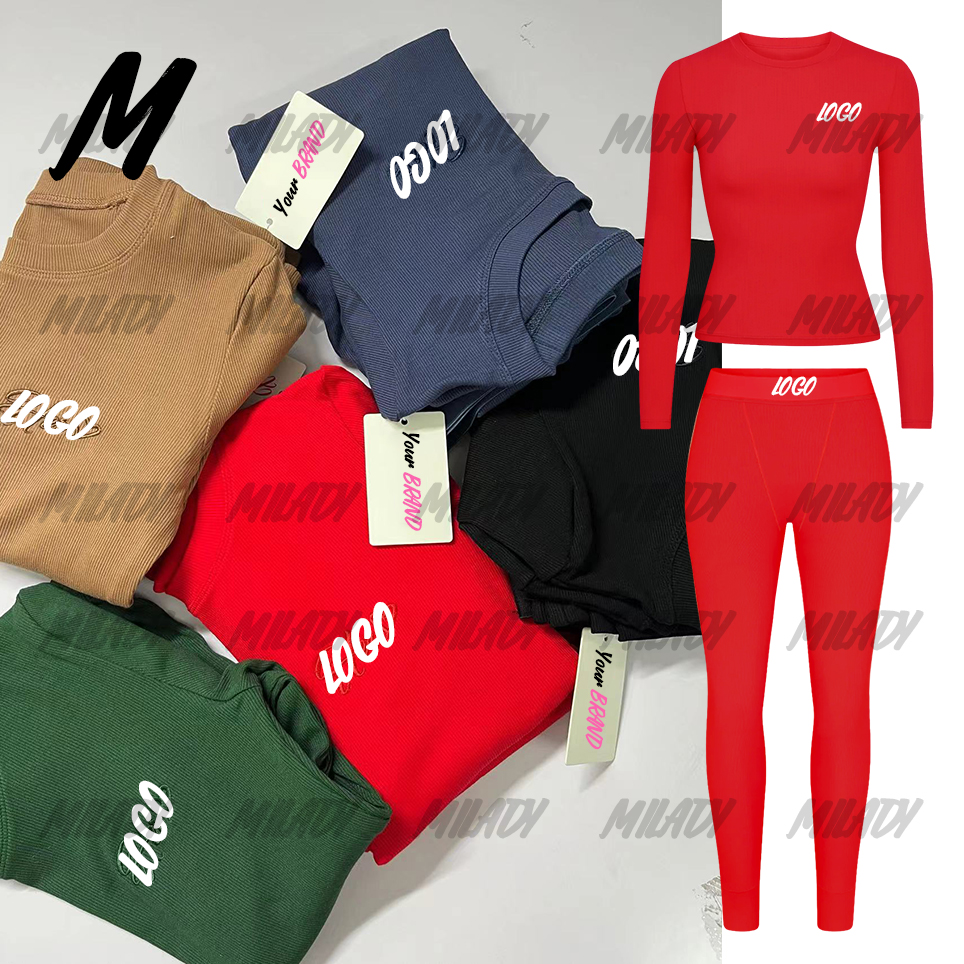 Custom Logo Ribbed Cotton 2 Piece Knit Set Women 2024 Fall Color Winter Woman Long Shirts and Leggings Outfit Loungewear Set