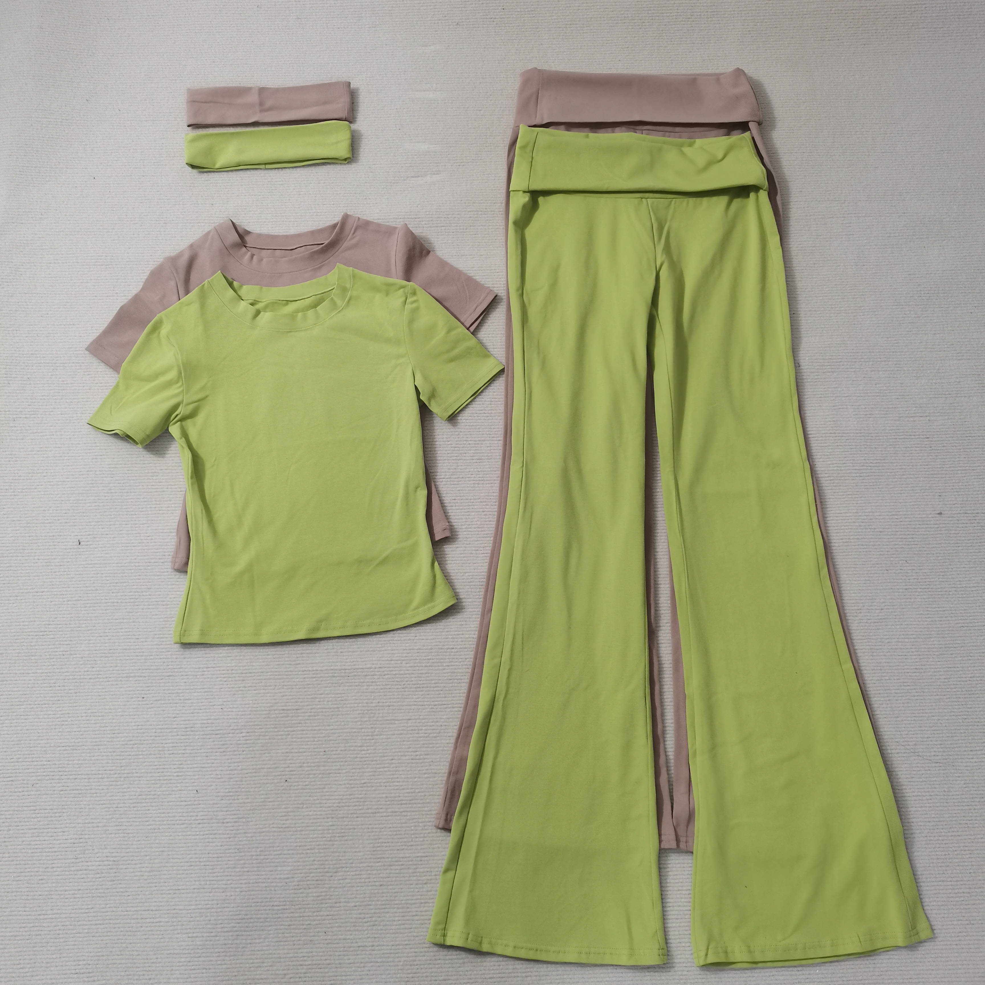 High Quality Women's Summer Cotton Spandex Loungewear Cute Short Sleeve Fold Waist Flare Pants Hair Band Custom Skinny Casual 2