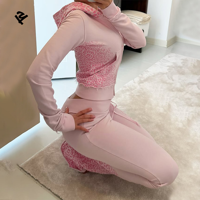Custom Print Lounge Wear Sets Women Polka Dot Printing Fashion Clothing Tracksuit Double Zipper Hoodie and Flared Pants Set