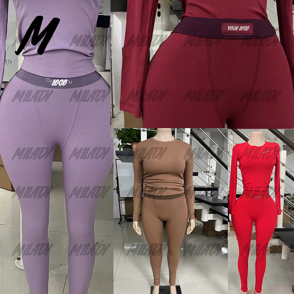 Custom Logo Ribbed Cotton 2 Piece Knit Set Women 2024 Fall Color Winter Woman Long Shirts and Leggings Outfit Loungewear Set