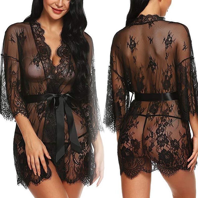 Sexy Lace Nightwear Erotic Lingerie Sleepwear Women Summer See Through Sleep Dress Solid Lace Pajamas Bath Robe Dress Nightgown