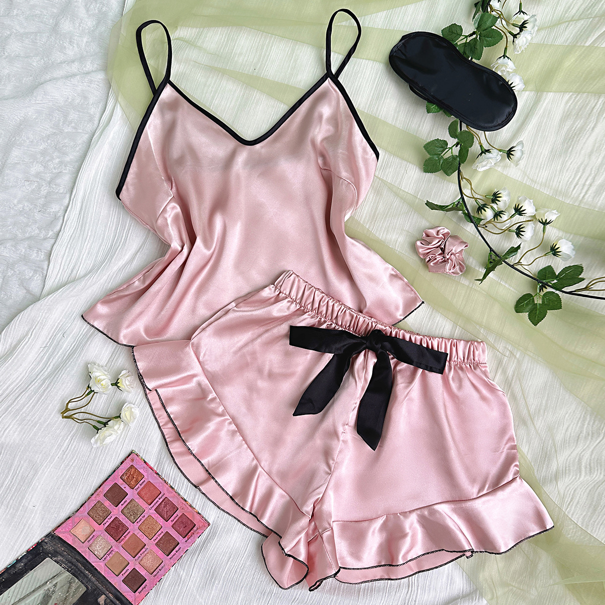 Hot Sale Women's Satin Pajamas Set Elastic Waist Sleepwear with Bow Detail for Summer Autumn and Spring