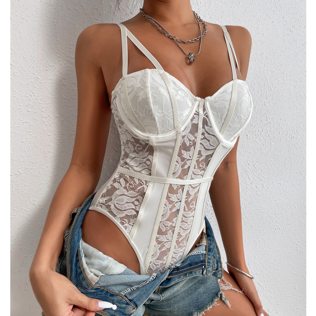 Womens Fashion Bodysuit Camisole One Piece Sheer Floral Lace Adjustable Straps Bodysuit