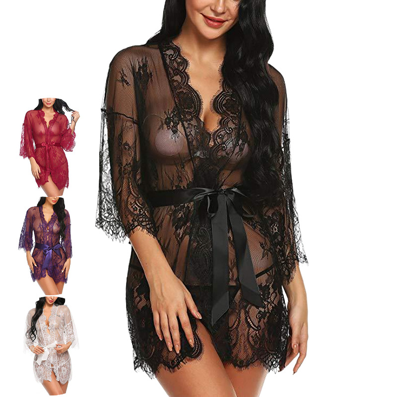 Sexy Lace Nightwear Erotic Lingerie Sleepwear Women Summer See Through Sleep Dress Solid Lace Pajamas Bath Robe Dress Nightgown