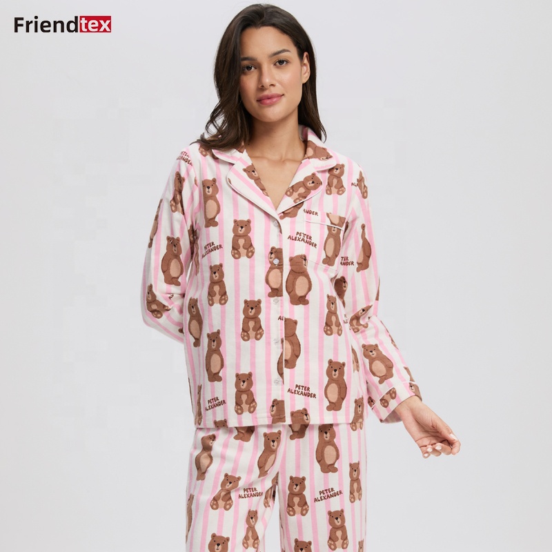 Women's Pink Striped Bear Print Long Sleeve Pajama Set Soft Sleepwear