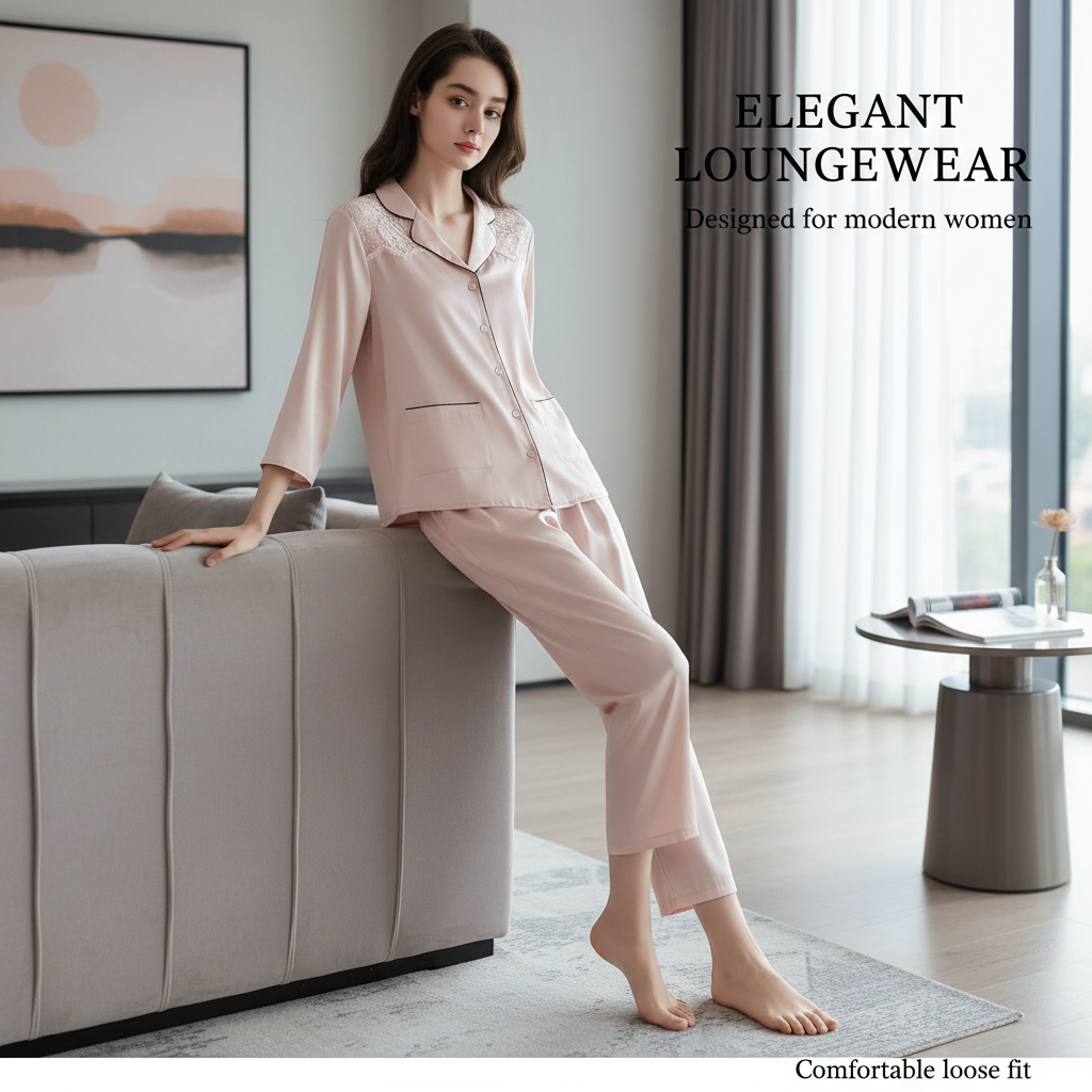 Silk Woven Long-sleeved V-neck Elastic Belt Pajamas Set Summer Luxury Soft Smooth Fabric for Women's Lace Splicing Design