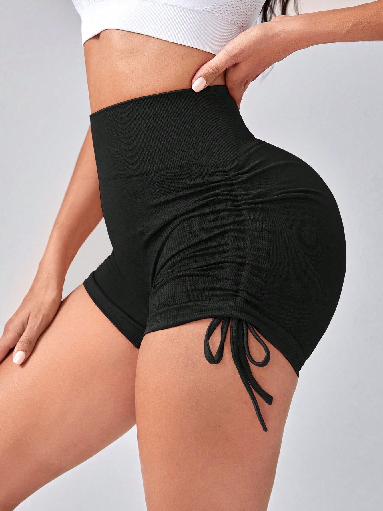 High Waist Ruched Tie-Up Adjustable Drawstring Butt Lift Gym Shorts for Women
