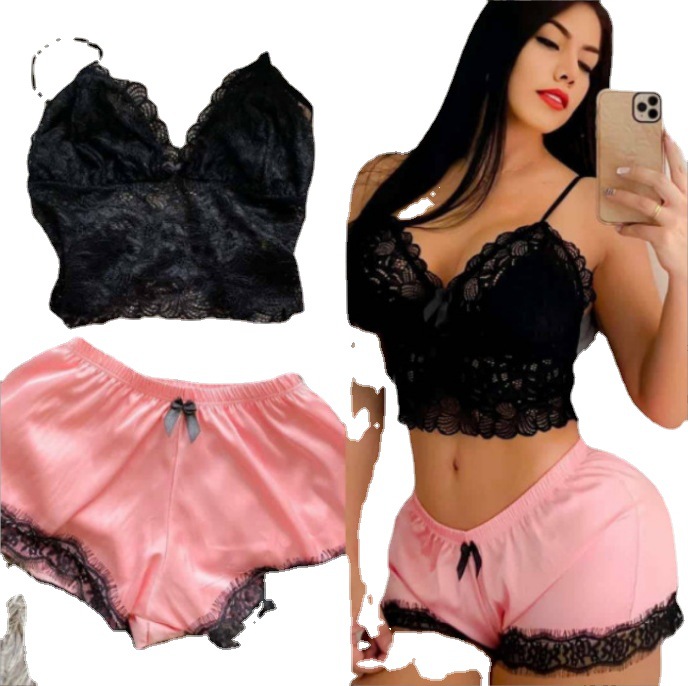 New Summer Collection Comfortable Black Two-Piece Sleepwear Set Fashionable Lace Pajamas Thermal ODM Home Clothes