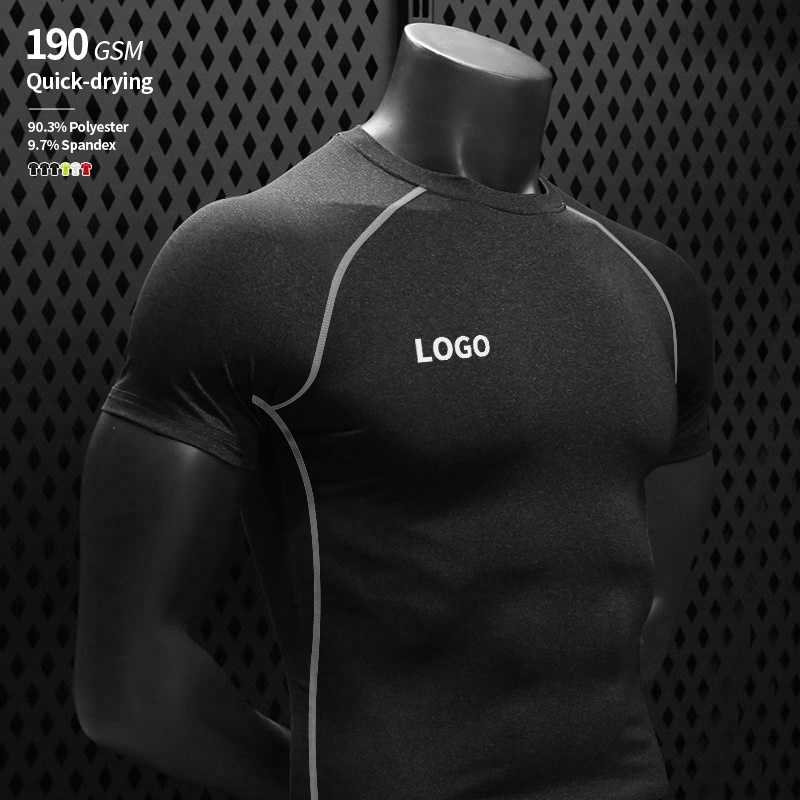 Men's Gym Wear Quick-Drying Compression Shirt with Slim Fit 190 GSM Knitted Fabric Custom OEM Printing Short Sleeves