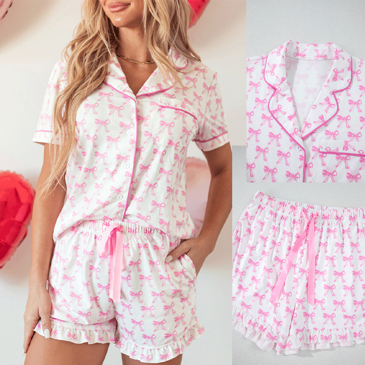 pink Bow Custom Print Sleepwear for Woman Lounge Wear Sets Women Spring Soft Short Cotton Pajamas