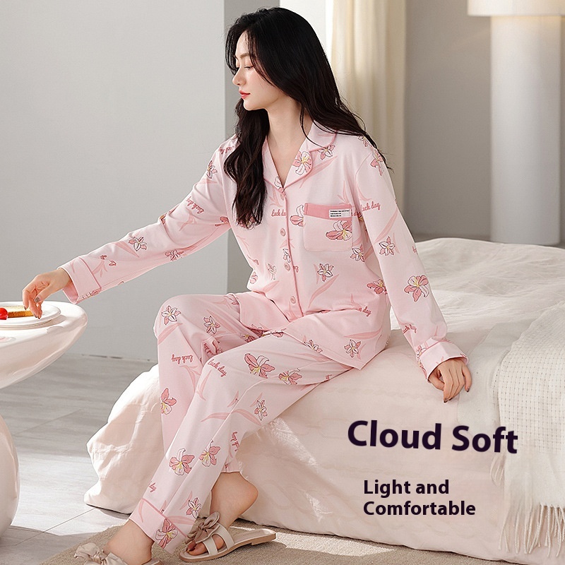 Women's Sleepwear Soft and Comfortable Pink Floral Long Sleeve Set Home Wear Sleepwear for Winter