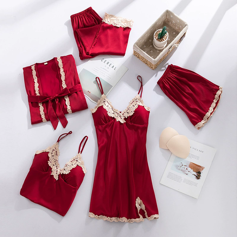 Wholesale Luxury Custom Ice Silk Pajamas Woman Spring New 5 Pcs Set Nightwear Long Sleeve Shorts Fashion Pyjamas Ladies