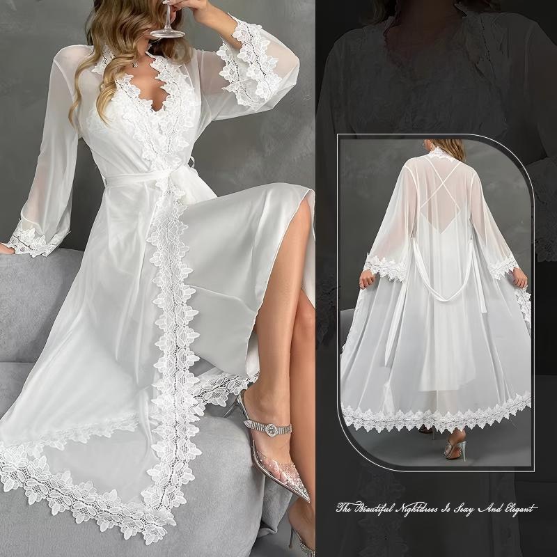 White Lace Trim Satin Bridal Lingerie Set, Sheer Chiffon Long Robe with Slip Dress, Wedding Night Sleepwear for Women