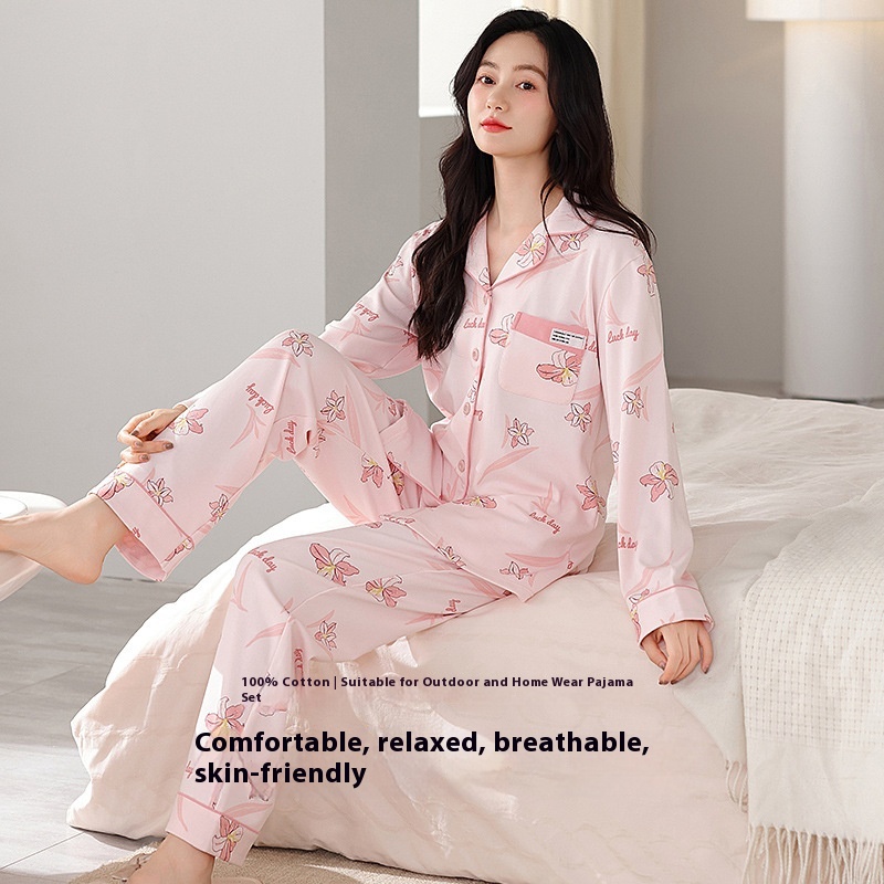 Women's Sleepwear Soft and Comfortable Pink Floral Long Sleeve Set Home Wear Sleepwear for Winter