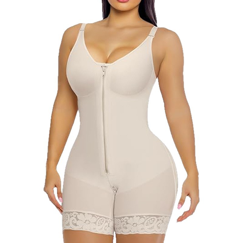 Cross-Breasted Front Zipper Seamless Thin Anti-Bacterial Firm Control Nylon Spandex Bodysuit Postpartum Abdominal Hip-Lifting