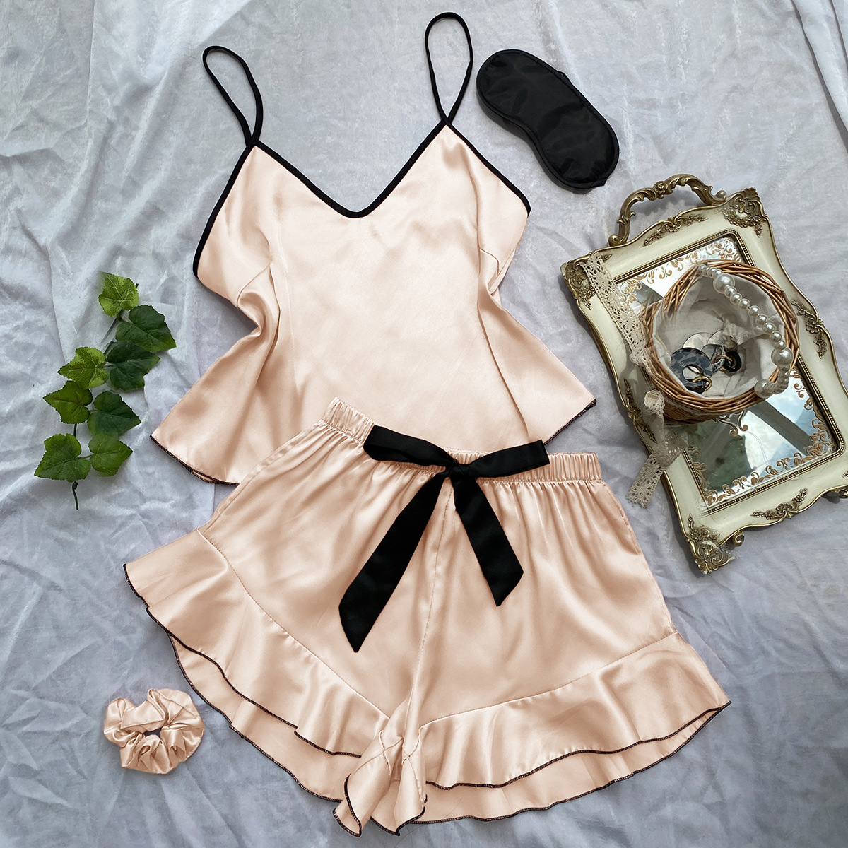 Hot Sale Women's Satin Pajamas Set Elastic Waist Sleepwear with Bow Detail for Summer Autumn and Spring