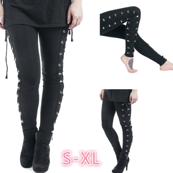 Black High-waisted Gothic-punk Lace-up Hip-lift Pants Leggings