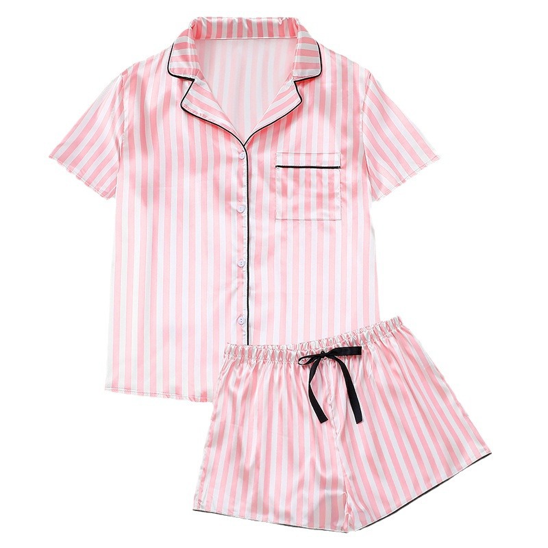 Custom Logo Girls &amp; Women's Striped Silky Satin Pajamas Short Sleeve Top with Shorts Sleepwear PJ Set Drawstring Short