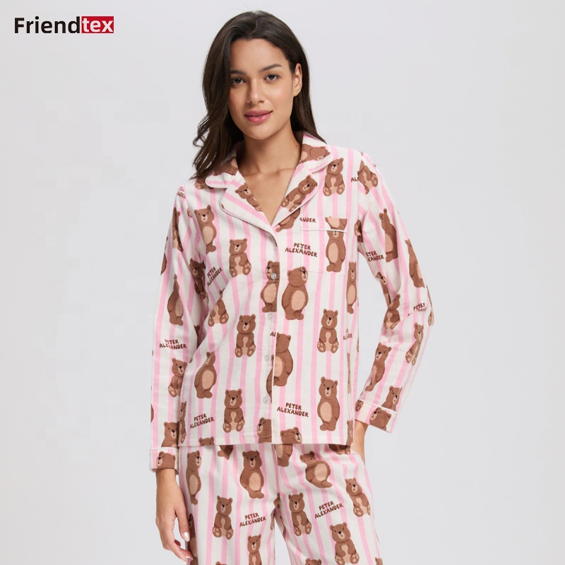 Women's Pink Striped Bear Print Long Sleeve Pajama Set Soft Sleepwear