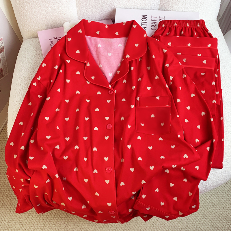 Love Print Long-sleeved Long Pants Pajamas Women's Spring and Fall Models of Home Wear Leisure Suit Actual Photo