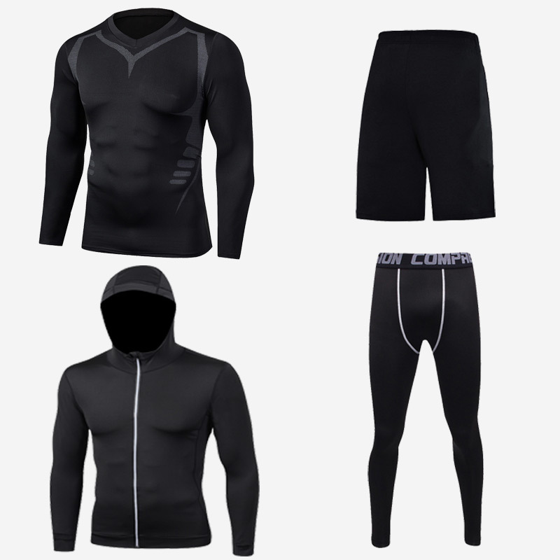 Men's Compression Fitness Apparel Tights 4-Piece Set Breathable Elastic Waist Yoga Wear