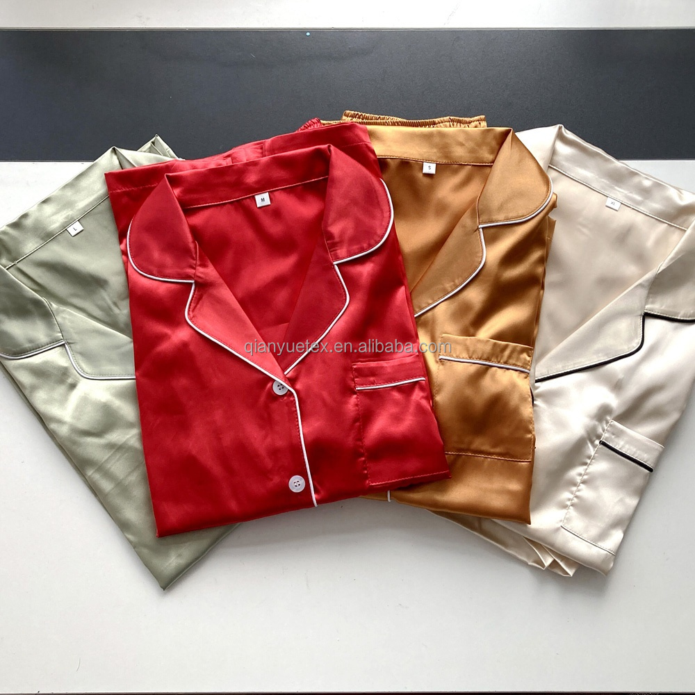 Solid Color Short-Sleeved Women's Pyjamas Summer Sleepwear With Shorts Trim Silk Satin Pajamas Sets Plain Printing