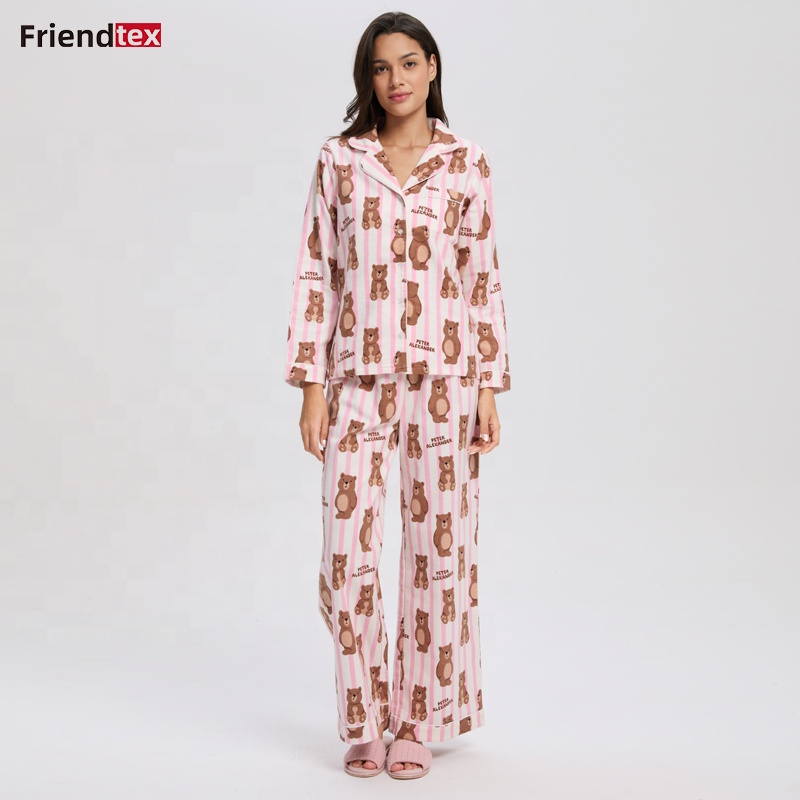 Women's Pink Striped Bear Print Long Sleeve Pajama Set Soft Sleepwear