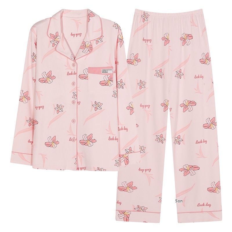 Women's Sleepwear Soft and Comfortable Pink Floral Long Sleeve Set Home Wear Sleepwear for Winter