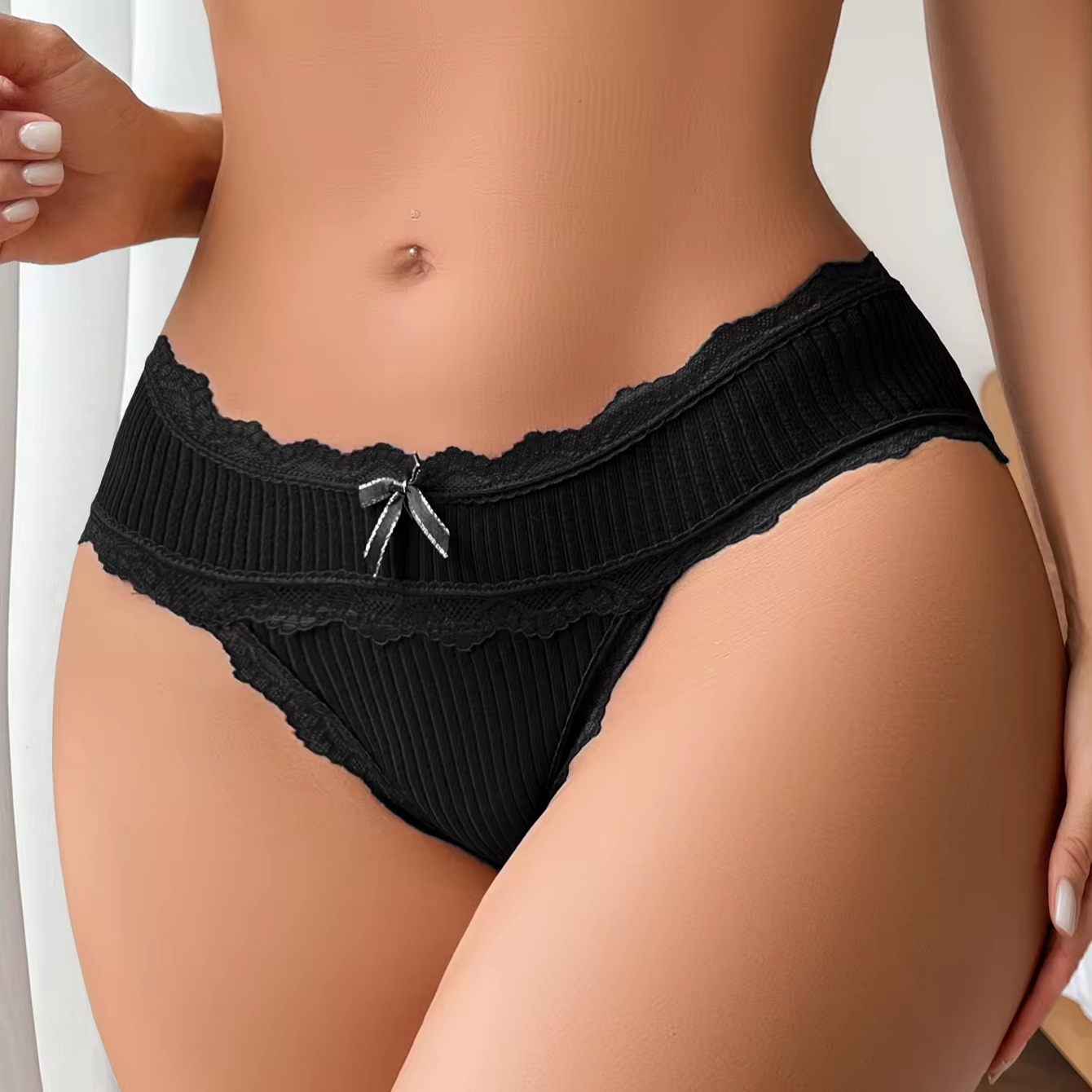 Wholesale Hot Sale Ladies Brief Underwear Comfortable Breathable Daily Bow Ribbed Seamless Lace Women's Panties Briefs