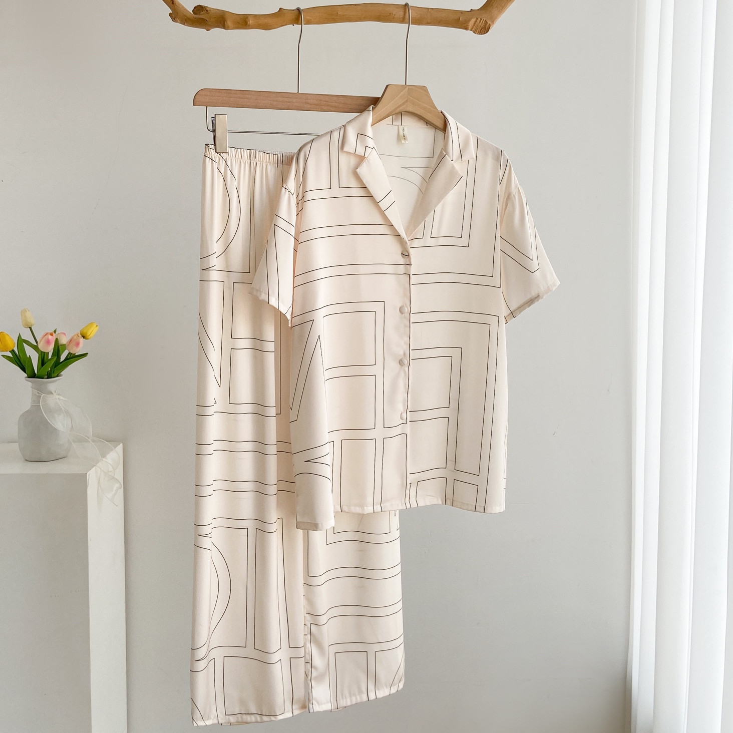 Summer New Ice Silk Thin Women's Pajamas Short Sleeve Trousers Plus Size Sleepwear Advanced Sense Printed Women's Home Wear Set