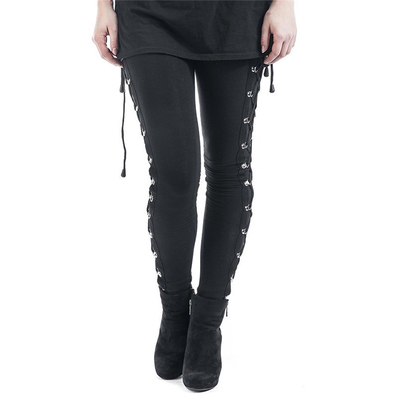 Black High-waisted Gothic-punk Lace-up Hip-lift Pants Leggings