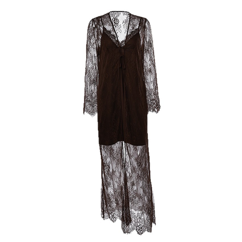 Wholesale 2026 Women Sexy Satin Nightgown with Lace Trim and Sheer Long Robe 2 Piece Sleepwear Set Elegant Lingerie Loungewear