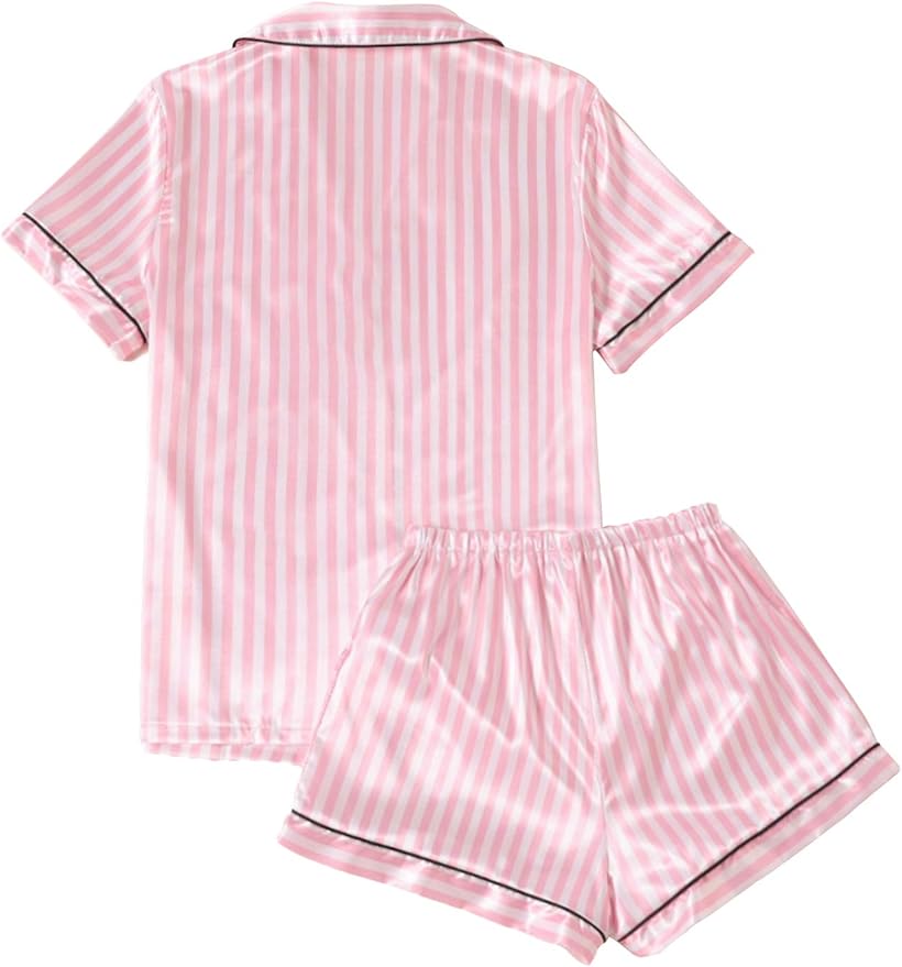 Custom Logo Girls &amp; Women's Striped Silky Satin Pajamas Short Sleeve Top with Shorts Sleepwear PJ Set Drawstring Short