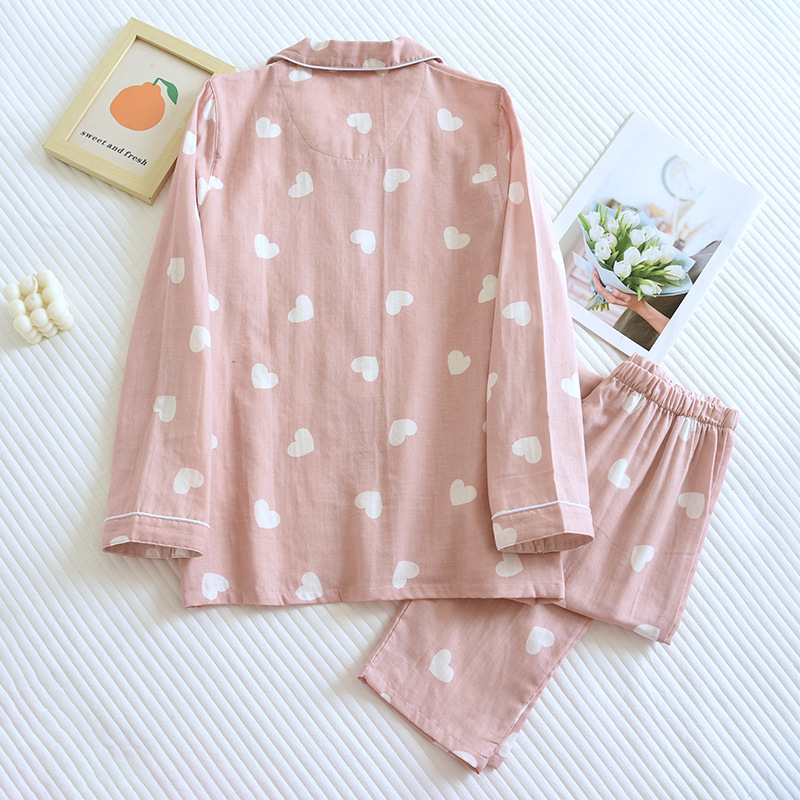 HF Women's Long Sleeve 100% Cotton Outerwear for Spring Autumn Sweet Home Clothes-Breathable Solid Pure Cotton Gauze Pajamas