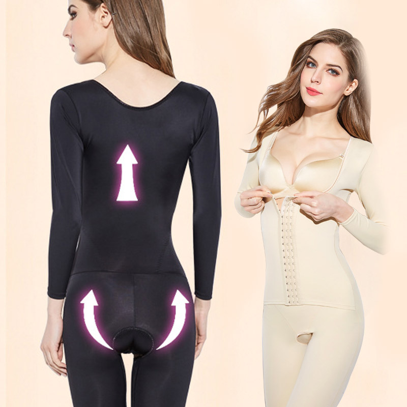 Full Length Long Sleeve Body Shaper Open Crotch Waist Trainer Shaper Fajas Breathable Shapewear Hook Slimming Bodysuit