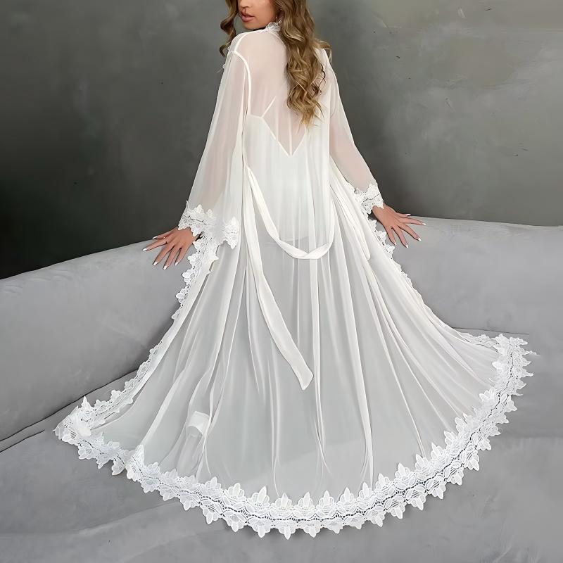 White Lace Trim Satin Bridal Lingerie Set, Sheer Chiffon Long Robe with Slip Dress, Wedding Night Sleepwear for Women