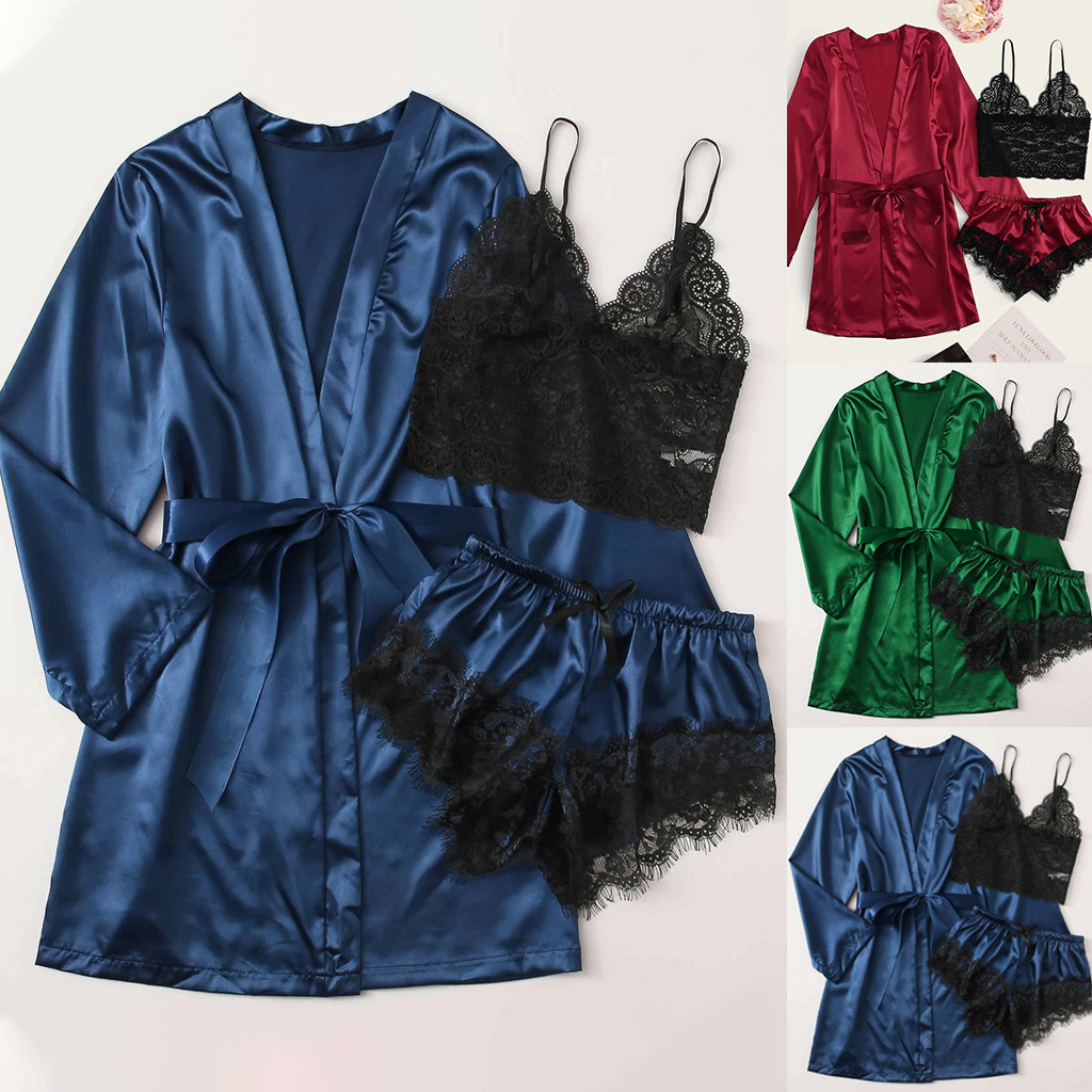 Wholesalers Luxury Pijamas Mujer 3pcs Custom Lounge Wear Silk Women Two Piece Sexy Pajama Set Plus Size Women'S Sleepwear