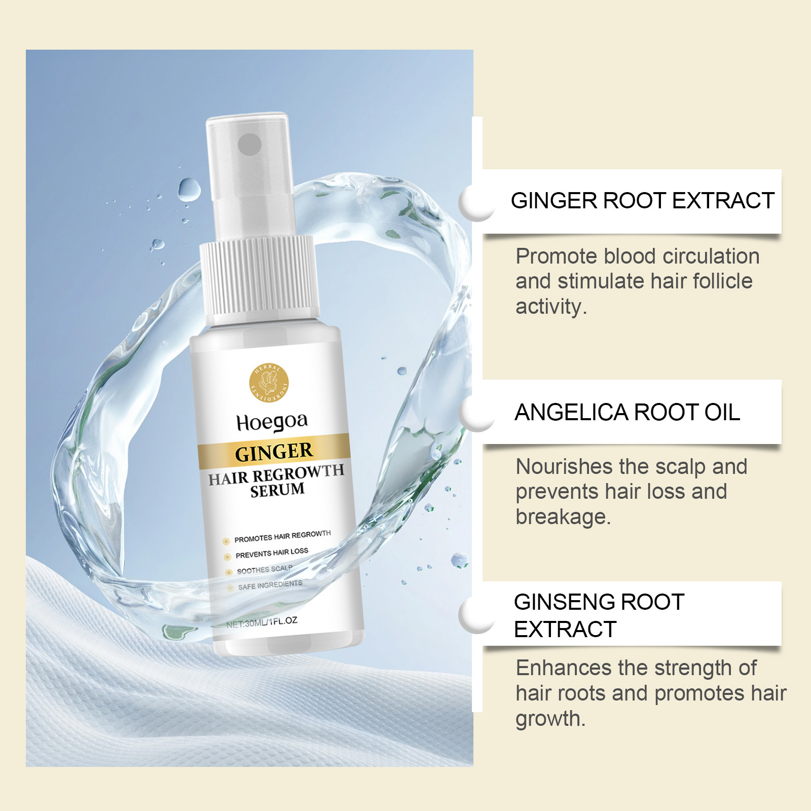 Private Label Organic Ginger Hair Oil Tonic Spray Nourishing Moisturizing Scalp Massaging Brush Set 30ml Travel Gift for Head