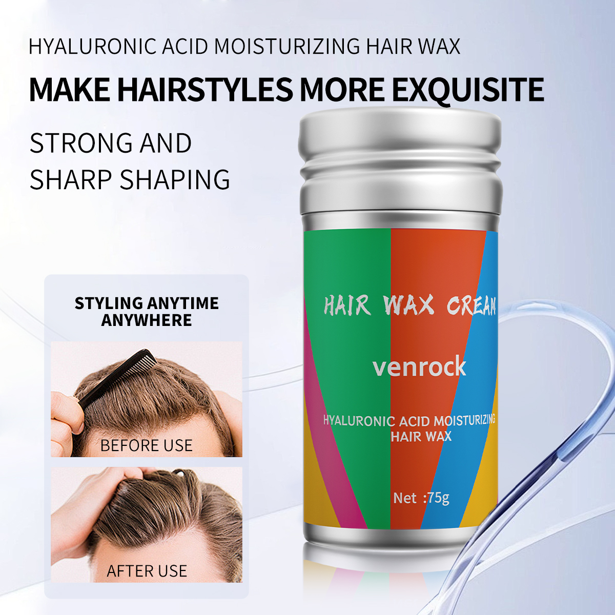 Venrock Hyaluronic Acid Moisturizing Hair Wax Cream 75g Strong Hold 24H Anti Frizz Non Sticky Styling Wax for All Hair Types