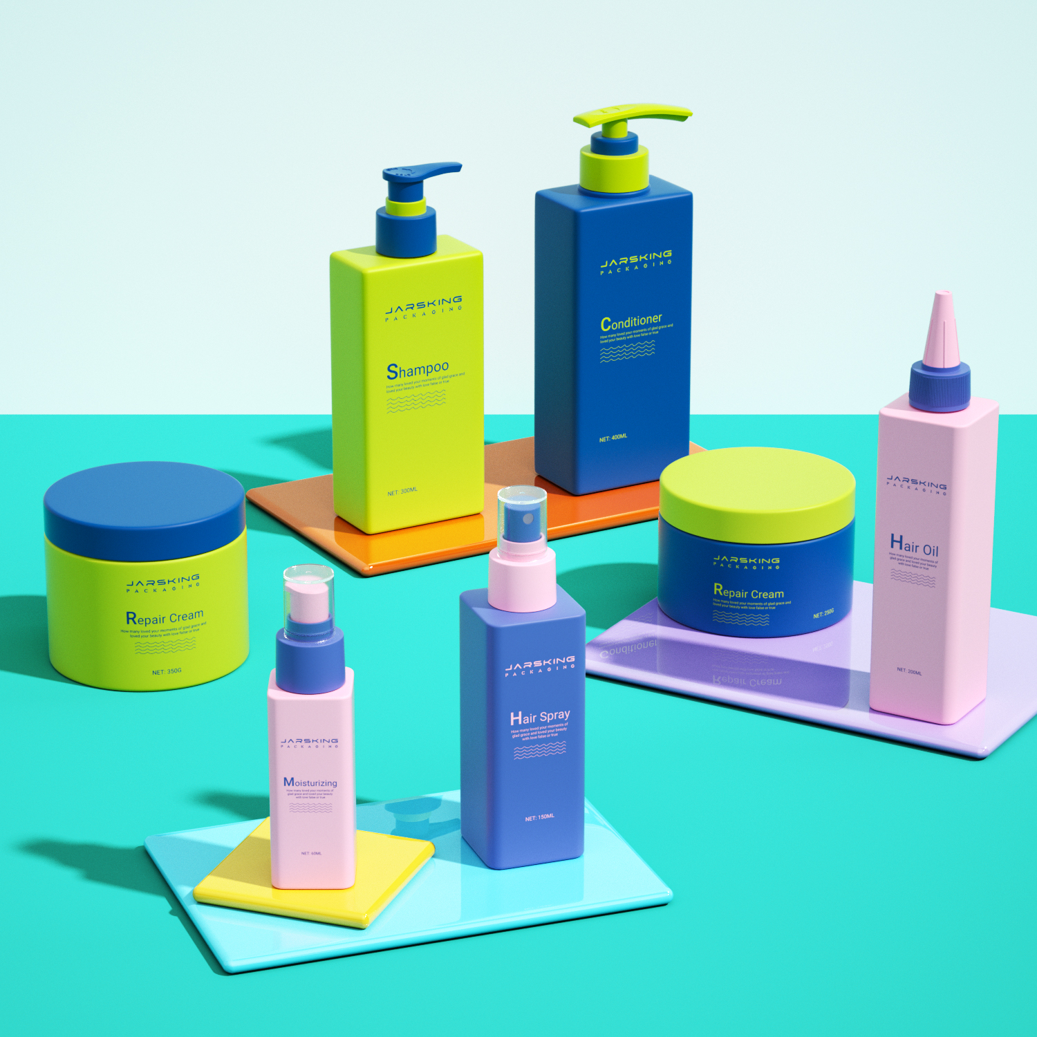 New Custom LOGO Colorful Square Shape Hair Care Packaging Shampoo Hair Oil Mist Spray Mask Bottle Set For Hair Care Product