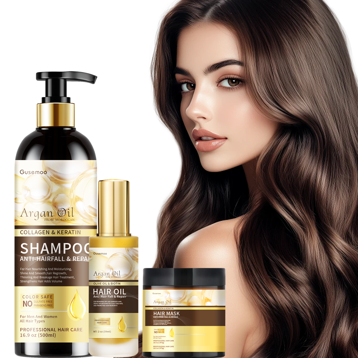 100% Organic Salon Quality Argan Oil Keratin Collagen Anti-hair Loss Repair Shampoo and Conditioner for Hair Treatment Care Set