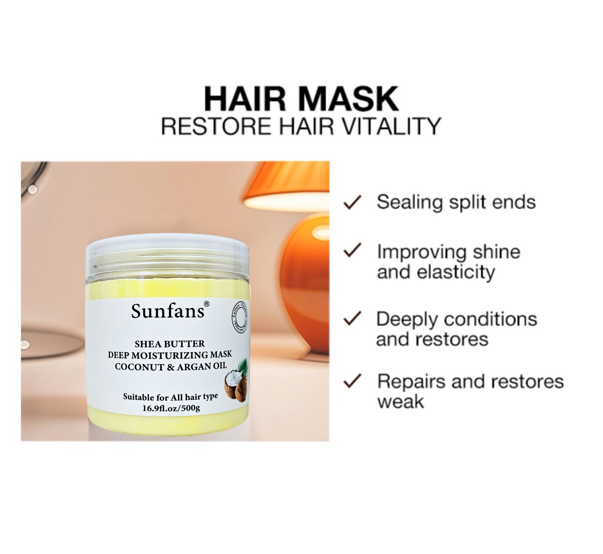 Sunfans Powerful Organic Hair Care Cream Coconut Oil Dogwood Seed Oil Herbal Trehalose Nourishing Amino Acid Hair-Repairing