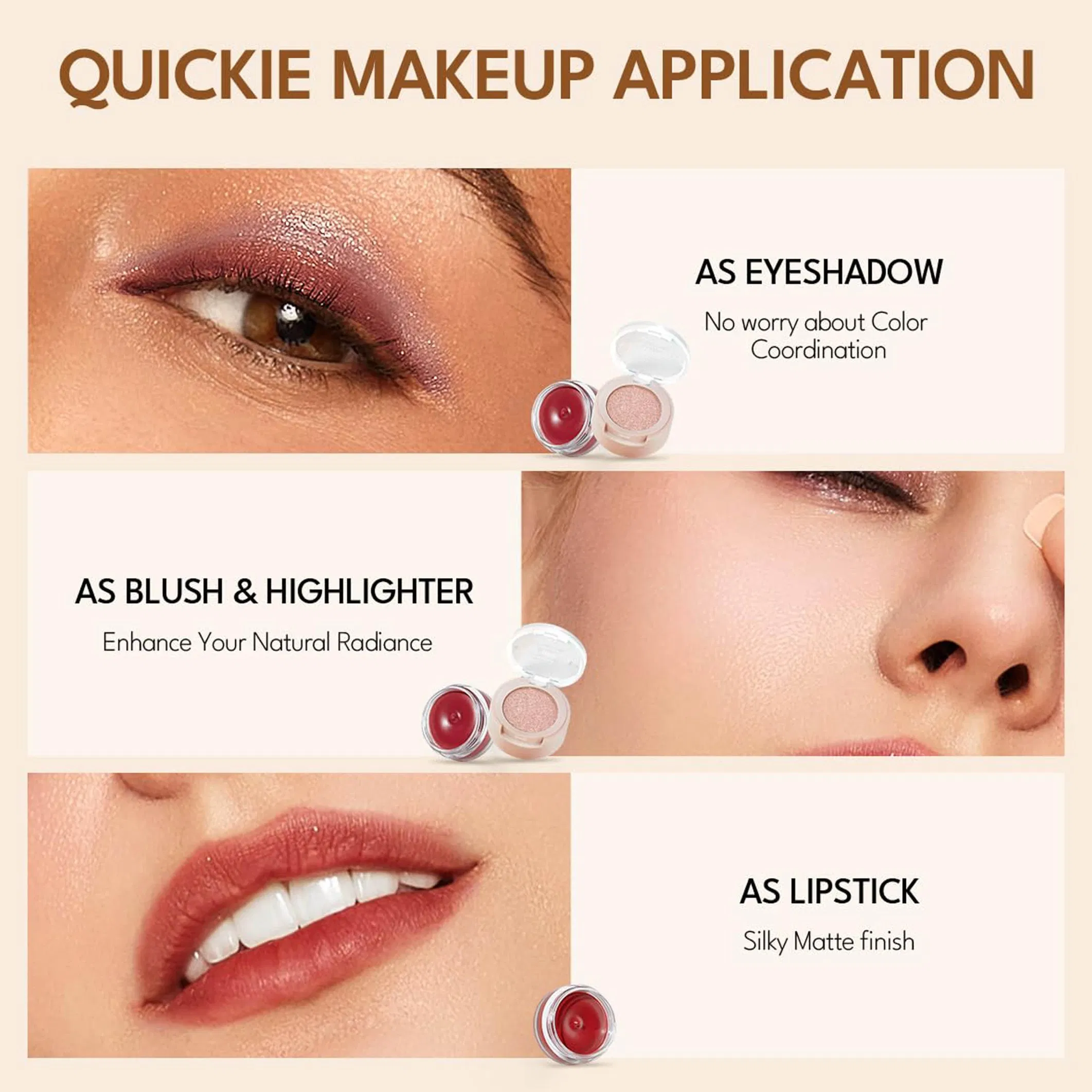 Professional Multi-Used Makeup Eyeshadow Blush Lipstick for Face and Eyes, Cosmetic Kit with Eyeshadow and Brush, Blush with 2 Ends Brush