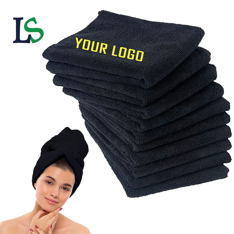Custom Barber Hairdressing Hotel Spa Sport Fitness Black Cotton Microfiber Hair Salon Towel With logo