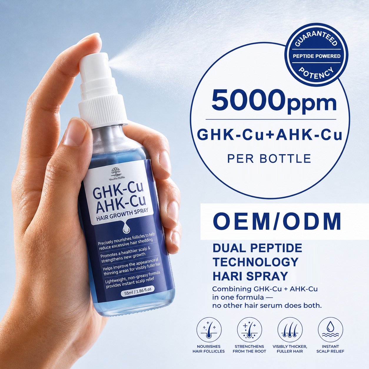 Natural GHK-Cu Copper Peptide Hair Growth Serum With Biotin Herbal Scalp Repair Treatment Paraben Free Hair Care Spray OEM
