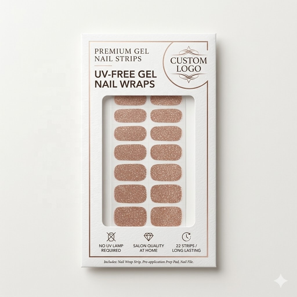 Wholesale 22 Strips Rose Copper Glitter Gel Nail Wraps UV-Free Vegan 14+ Days Full Kit Custom Logo Manicure Supplies Salon
