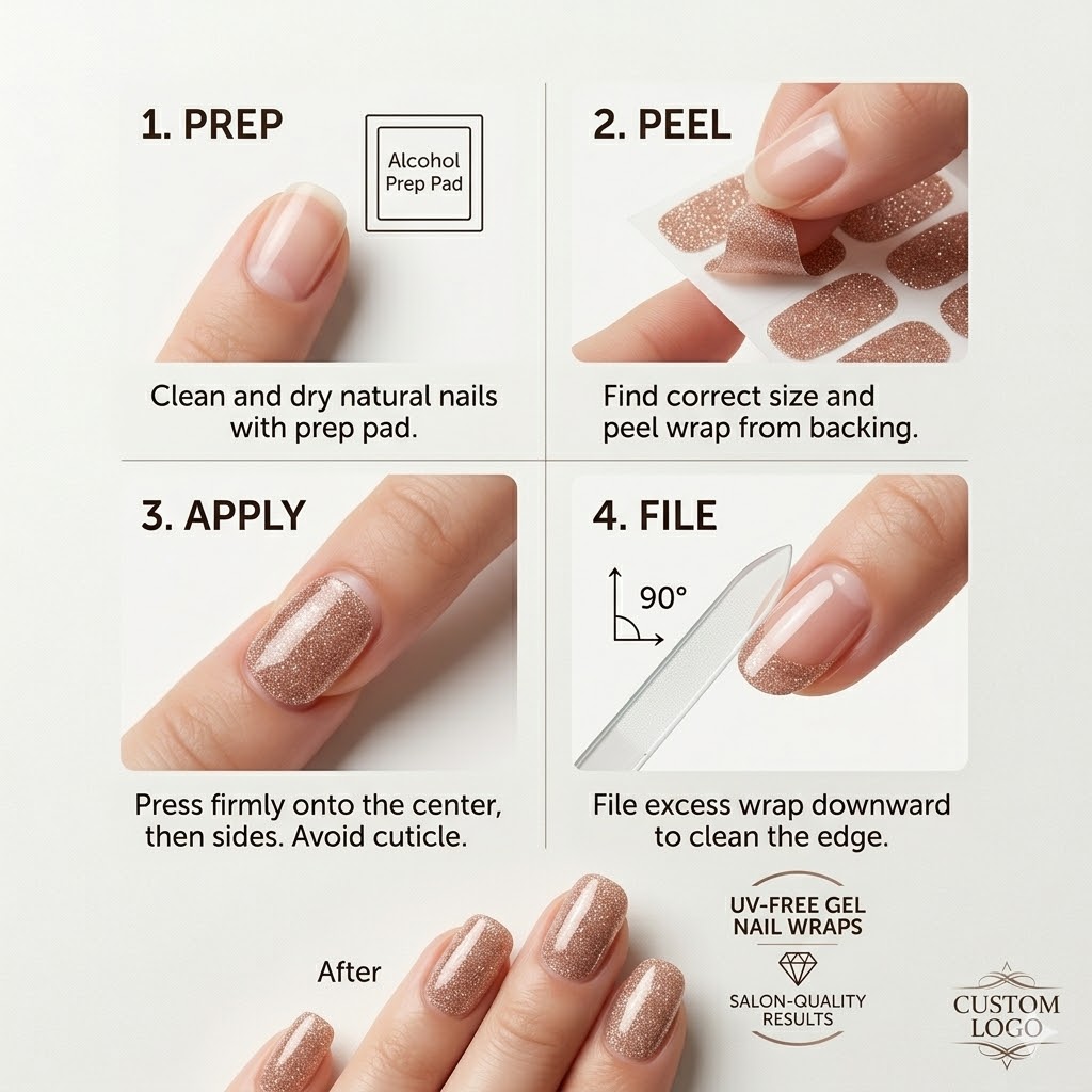 Wholesale 22 Strips Rose Copper Glitter Gel Nail Wraps UV-Free Vegan 14+ Days Full Kit Custom Logo Manicure Supplies Salon