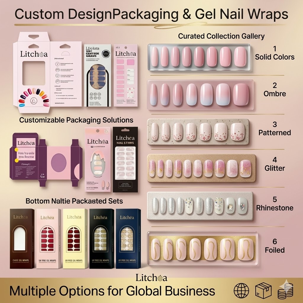 Wholesale 22 Strips Rose Copper Glitter Gel Nail Wraps UV-Free Vegan 14+ Days Full Kit Custom Logo Manicure Supplies Salon